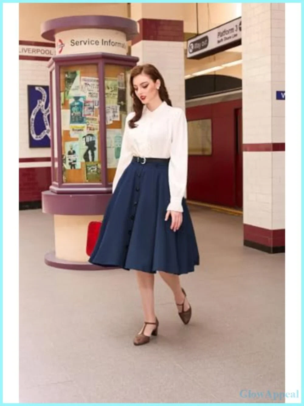 High Waist A-Line Midi Skirt with Pockets & Detachable Belt, 95% Polyester 5%